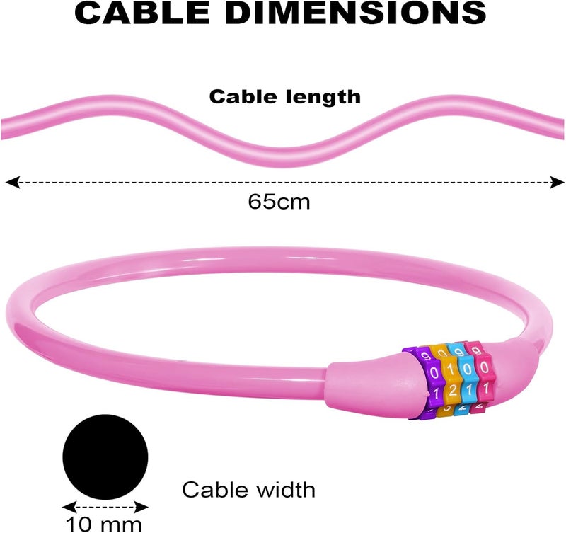 Ainiv Bike Lock, 25 inch Bike Lock Cable, Portable Anti Theft 4 Digits Codes Cable Locks, Resettable Combinations Coiling Bicycle Lock for Bike, Motorbike, Scooter, Skateboard, Gate, Fence (Pink) - Image 2